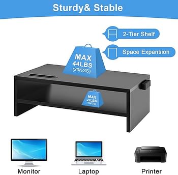 Marbrasse Monitor Stand Riser, 16.5 Inch 2 Tier Computer Printer Shelf Stand for Laptop Computer Screen Storage, Desktop Stand with Phone Holder and Cable Management, Black