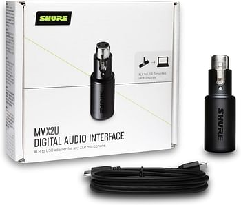 Shure MVX2U XLR-to-USB Digital Interface with Headphone Jack, Integrated Pre-amp with 60dB Gain Control, Zero-Latency Monitoring, 48V Phantom Power, ShurePlus Desktop App, 1m USB-C Cable