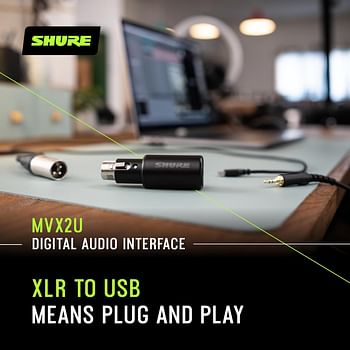 شور واجهة رقمية XLR-الى USB مع مقبس سماعة راس من ام في اكس 2 يو، مضخم صوت مدمج مع تحكم في الكسب 60 ديسيبل، مراقبة بدون وقت استجابة وطاقة فانتوم 48 فولت، تطبيق شور بلس لسطح المكتب، كيبل USB-C بطول 1