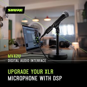 Shure MVX2U XLR-to-USB Digital Interface with Headphone Jack, Integrated Pre-amp with 60dB Gain Control, Zero-Latency Monitoring, 48V Phantom Power, ShurePlus Desktop App, 1m USB-C Cable