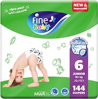 Fine Baby Double Lock, Size 6, Junior, 16+ kg, 144 Diapers (New packaging: 4x36 )/144/100 & Above