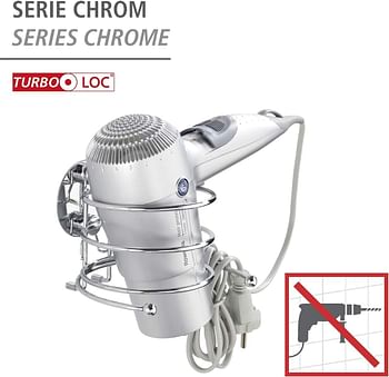 WENKO Turbo-Loc hair dryer holder - cable holder, fixing without drilling, Steel, 14 x 7.5 x 11.5 cm Chrome