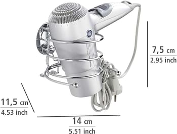 WENKO Turbo-Loc hair dryer holder - cable holder, fixing without drilling, Steel, 14 x 7.5 x 11.5 cm Chrome