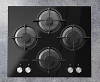 Ariston Built In 60x60cm 4 Burner Gas Hob With Auto Ignition - Full Safety - 9 Flame Levels - Premium Glass Top Finish - Electronic Knob Control -  Cast Iron Pan Support - Made In Italy - AGS61SBK