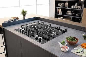 Ariston Built In 60x60cm 4 Burner Gas Hob With Auto Ignition - Full Safety - 9 Flame Levels - Premium Glass Top Finish - Electronic Knob Control -  Cast Iron Pan Support - Made In Italy - AGS61SBK
