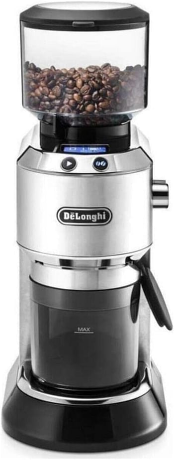 De'Longhi Dedica Pump Style Coffee Grinder With Large Bean Hoper , Burr Grinding System 14 Cups Capacity , KG521.M , Metalic