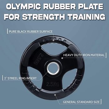 SKY LAND Fitness Olympic Weight Plates with Rubber Finish 2’’ Opening & Tri-Grips,Black Barbell Plates Discs in Single for Lifting and Strength Training,Solid Cast Iron Core Weights, 2.5kg EM-9264-2.5