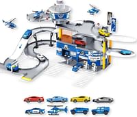 Fitto Police Station Playset with Slides - Lift - Service Station - and 8 Die Cast Cars