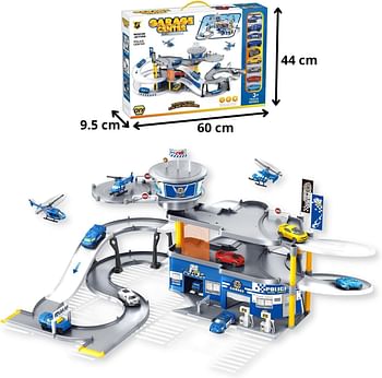 Fitto Police Station Playset with Slides - Lift - Service Station - and 8 Die Cast Cars