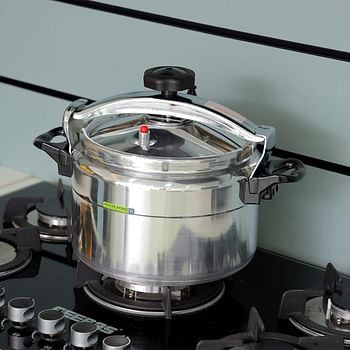 RoyalFord 9.0 L Aluminum Pressure Cooker- RF11175 Equipped with Multi-Safety Device and Unique Pressure Indicator Durable Aluminum Alloy Construction with Firm Handles Compatible with Gas Silver