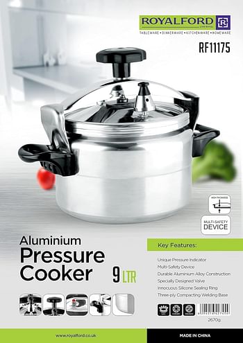 RoyalFord 9.0 L Aluminum Pressure Cooker- RF11175 Equipped with Multi-Safety Device and Unique Pressure Indicator Durable Aluminum Alloy Construction with Firm Handles Compatible with Gas Silver