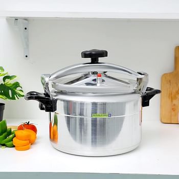 RoyalFord 9.0 L Aluminum Pressure Cooker- RF11175 Equipped with Multi-Safety Device and Unique Pressure Indicator Durable Aluminum Alloy Construction with Firm Handles Compatible with Gas Silver