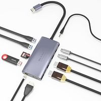 ماكس & ماكس 12 في 1 متعدد الوظائف USB C Hub مزدوج محول HDMI Dock Station USB3.0 ، 3.1 ، 4K 2 HDMI ، صوت و Micro SD ، RJ45 ، VGA متوافق مع MacBook Pro / Air ، Chromebook ، HP ، Dell ، Asus ، Lenovo