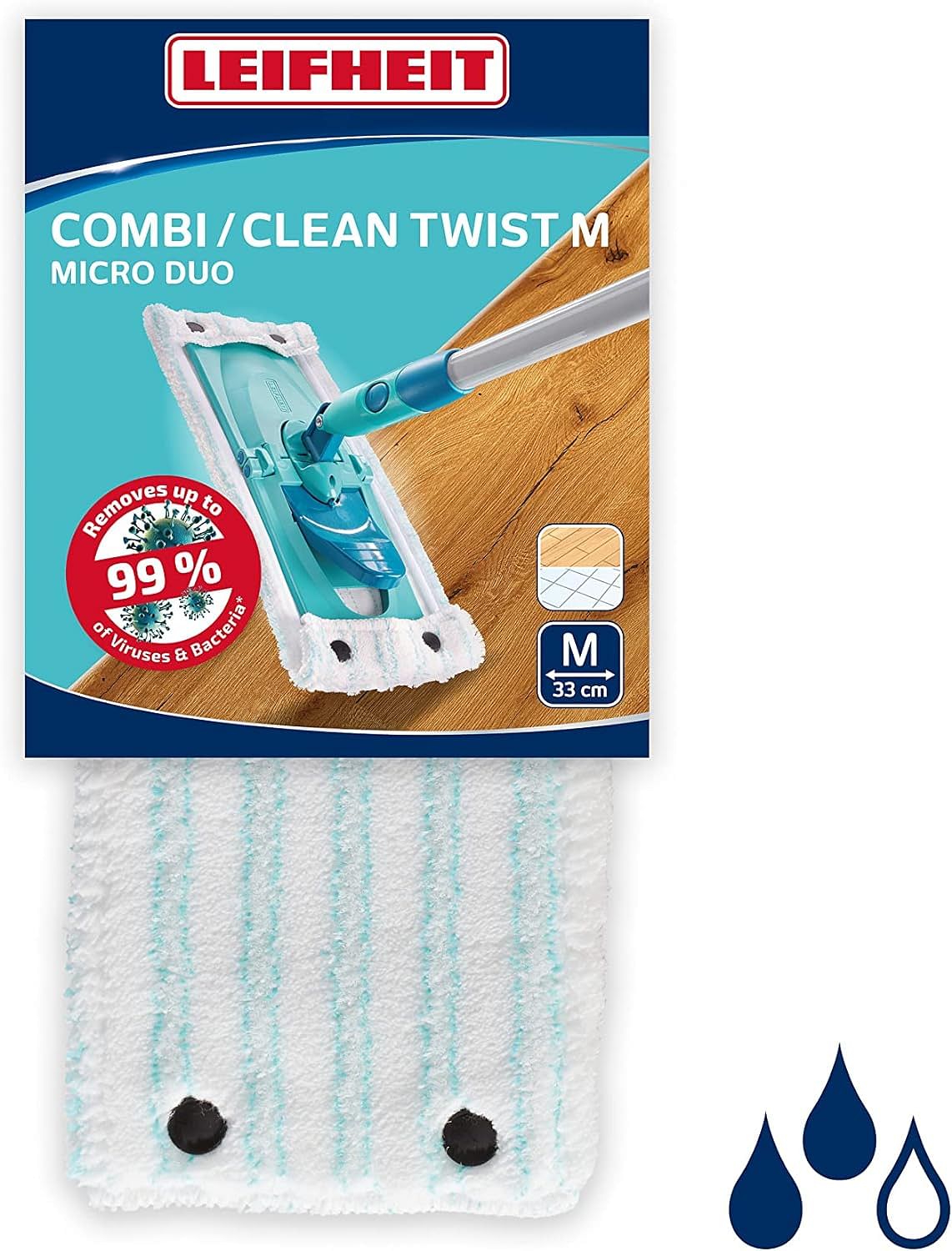 Leifheit mop cover Clean Twist M micro duo made of microfiber, absorbent floor mop replacement cover, 33cm wide replacement cover ideal for smooth floors such as tiles or laminate