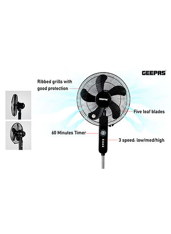 Geepas 16" Stand Fan, Wide Oscillation, 6PP Blades, GF9615 | Adjustable Height | 3 Speed Setting  | Ideal for Home, Office, Restaurant, Etc