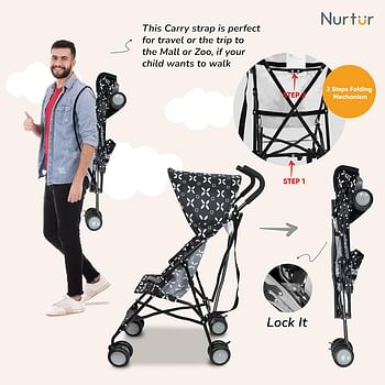 Nurtur Rex Convenience Infant Buggy Stroller Compact Fold Canopy Shoulder Strap 6-36 months - Matt Black