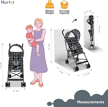 Nurtur Rex Convenience Infant Buggy Stroller Compact Fold Canopy Shoulder Strap 6-36 months - Matt Black