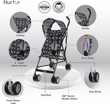 Nurtur Rex Convenience Infant Buggy Stroller Compact Fold Canopy Shoulder Strap 6-36 months - Matt Black