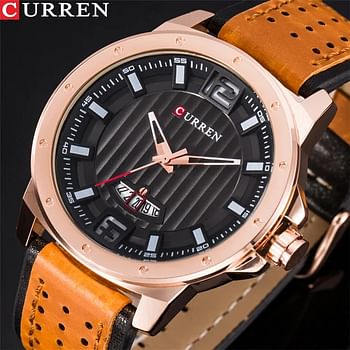 CURREN 8293 Men's Water Resistant Leather Analog Watch -Brown And Rose Gold