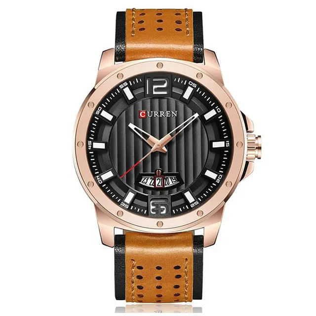 CURREN 8293 Men's Water Resistant Leather Analog Watch -Brown And Rose Gold