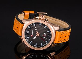 CURREN 8293 Men's Water Resistant Leather Analog Watch -Brown And Rose Gold