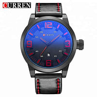 ساعة كورين 8241 كاجوال عصرية بسوار جلدي مقاومة للماء مع ساعة كوارتز للرجال - أسود وأحمر