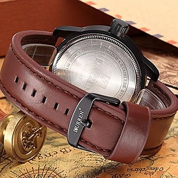 ساعة كورين 8241 كاجوال عصرية بسوار جلدي مقاومة للماء مع ساعة كوارتز للرجال - أسود وأحمر