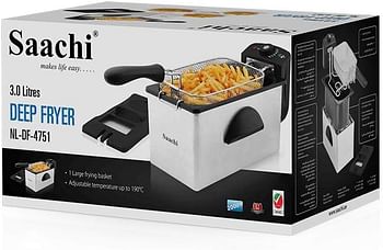 Saachi Deep Fryer Stainless Steel Body 3.0 Litres 2000 W Adjustable Thermostat anti-odour filter and non-stick coated pan NL-DF-4751-ST Silver-Black