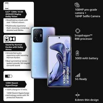 Xiaomi 11T Pro 5G Hyperphone, 8GB RAM, 256GB Storage, SD 888, 120W HyperCharge, Segment's only Phone with Dolby Vision+Dolby Atmos, Meteorite Black