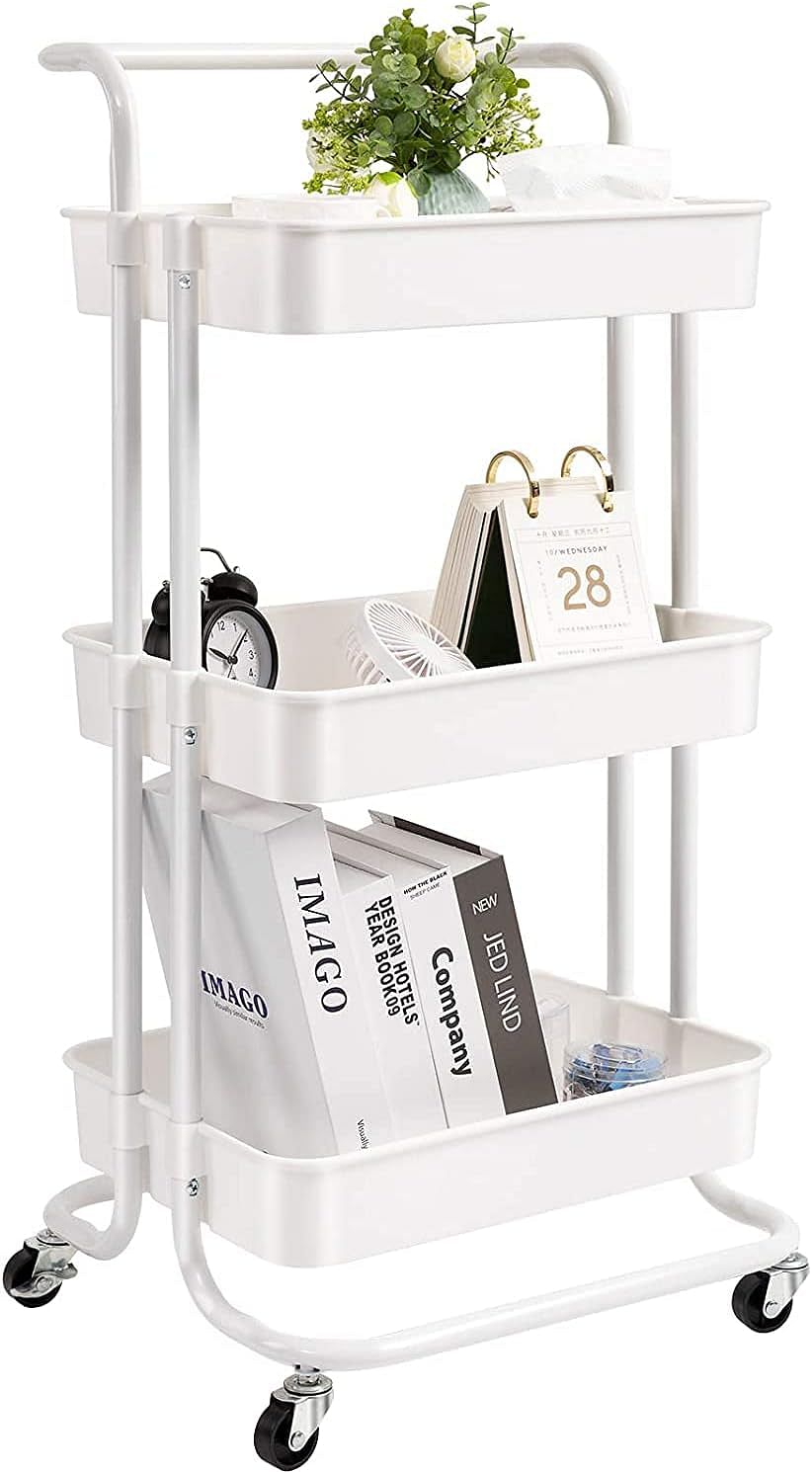 3-Tier Rolling Utility Carts Trolley Storage Cart with Handle Multifunctional Organization Cart with Brake Caster Wheels Kitchen Shelf Multifunctional Storage Rack with Net Basket Mass (White)