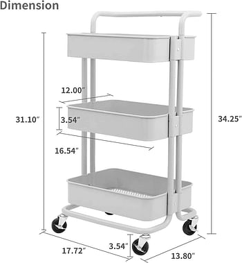 3-Tier Rolling Utility Carts Trolley Storage Cart with Handle Multifunctional Organization Cart with Brake Caster Wheels Kitchen Shelf Multifunctional Storage Rack with Net Basket Mass (White)