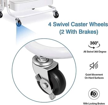 3-Tier Rolling Utility Carts Trolley Storage Cart with Handle Multifunctional Organization Cart with Brake Caster Wheels Kitchen Shelf Multifunctional Storage Rack with Net Basket Mass (White)