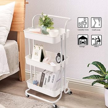 3-Tier Rolling Utility Carts Trolley Storage Cart with Handle Multifunctional Organization Cart with Brake Caster Wheels Kitchen Shelf Multifunctional Storage Rack with Net Basket Mass (White)