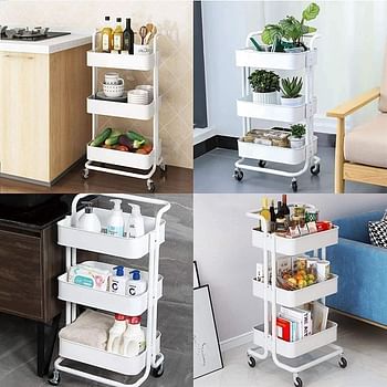 3-Tier Rolling Utility Carts Trolley Storage Cart with Handle Multifunctional Organization Cart with Brake Caster Wheels Kitchen Shelf Multifunctional Storage Rack with Net Basket Mass (White)