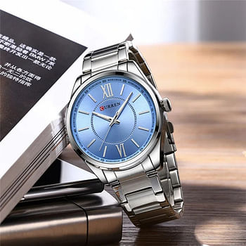 CURREN 8423 Original Brand Stainless Steel Band Wrist Watch For Men Silver and Blue
