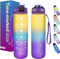CAZADORA Sport Water Bottle 1L with Motivational Time Marker, Straw, and Leak Proof Design - BPA-Free Tritan Plastic - Ideal for Kids, Fitness, Gym, Office, School Sports - Yellow & Blue & Purple