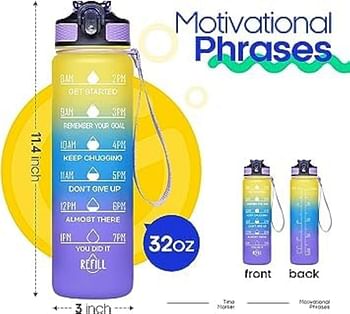 CAZADORA Sport Water Bottle 1L with Motivational Time Marker, Straw, and Leak Proof Design - BPA-Free Tritan Plastic - Ideal for Kids, Fitness, Gym, Office, School Sports - Yellow & Blue & Purple