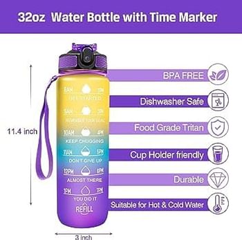 CAZADORA Sport Water Bottle 1L with Motivational Time Marker, Straw, and Leak Proof Design - BPA-Free Tritan Plastic - Ideal for Kids, Fitness, Gym, Office, School Sports - Yellow & Blue & Purple