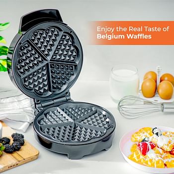 Geepas Waffle Maker – 5 Slice Heart Shaped Non-Stick Electric Belgian with Adjustable Temperature Control 1000W - Silver & Black
