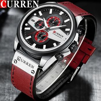 CURREN 8394 Original Brand Leather Straps Wrist Watch For Men - Red and Black