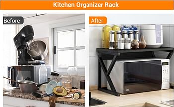 SKY-TOUCH Microwave Shelf Wood Microwave Storage Rack, Kitchen Shelf Toaster Stand Shelf Kitchen Worktop Organizer Easy to Assemble Black