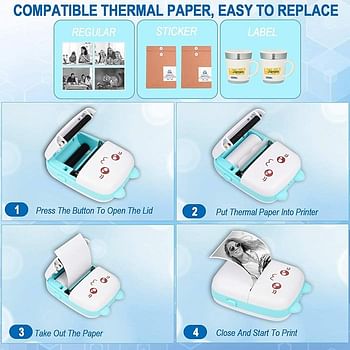 Portable Mini Pocket Printer Cute Thermal Printer with Thermal Printing Paper USB Cable for Note Photo Web Document Printing - White And Blue
