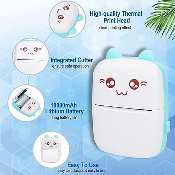 Portable Mini Pocket Printer Cute Thermal Printer with Thermal Printing Paper USB Cable for Note Photo Web Document Printing - White And Blue
