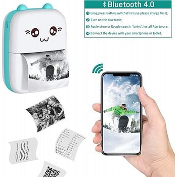 Portable Mini Pocket Printer Cute Thermal Printer with Thermal Printing Paper USB Cable for Note Photo Web Document Printing - White And Blue