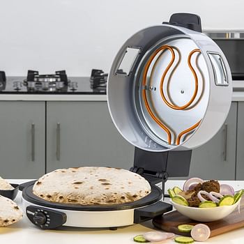 Geepas Arabic Bread Maker, 30cm Non-Stick Baking Plate, GBM63036 | Halogen Tube & Stainless Steel Heating Coil | Adjustable Double Thermostat, Silver