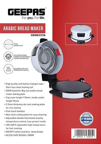 Geepas Arabic Bread Maker, 30cm Non-Stick Baking Plate, GBM63036 | Halogen Tube & Stainless Steel Heating Coil | Adjustable Double Thermostat, Silver