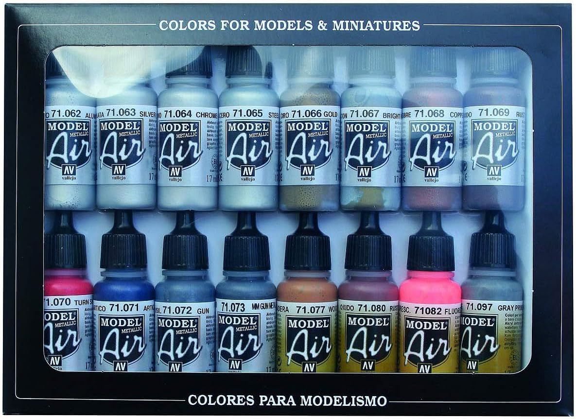 Vallejo 71181 Model Air Metallic Effects Acrylic Paint Set 16-Pieces Set