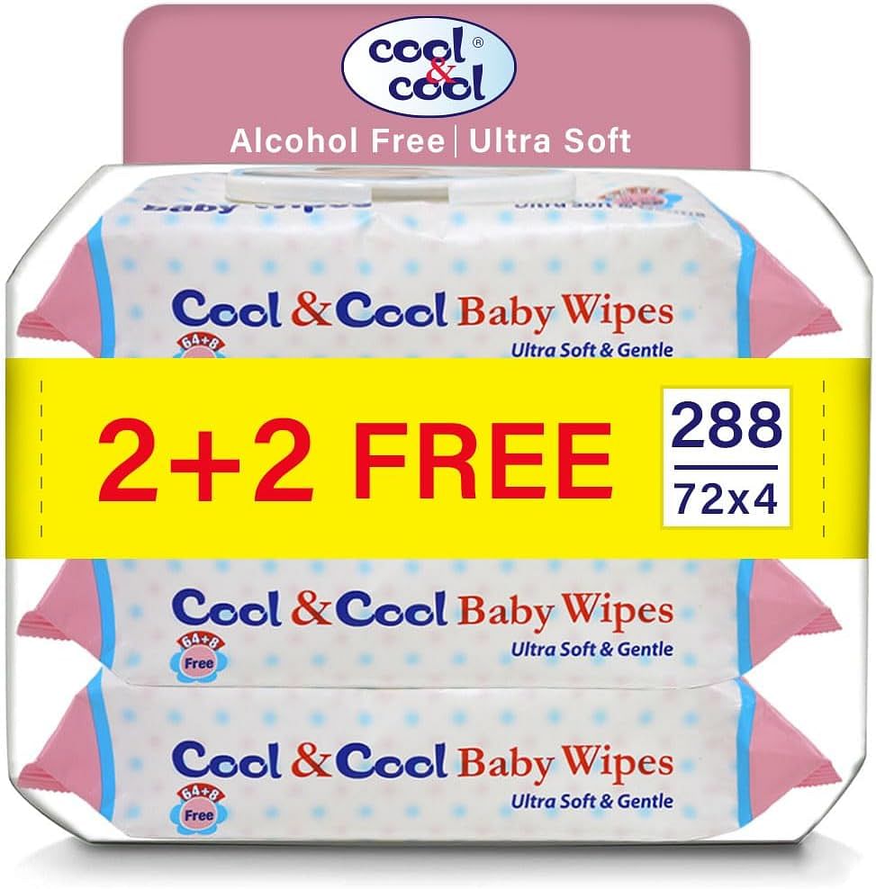 Cool & Cool Baby Wipes 72’s 2+2 Free Pack of 4 - Alcohol Free, Paraben Free, Vitamin E, Aloe Vera, Ultra Soft & Gentle for Sensitive & Delicate Skin - 288 Wipes