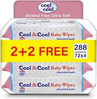 Cool & Cool Baby Wipes 72’s 2+2 Free Pack of 4 - Alcohol Free, Paraben Free, Vitamin E, Aloe Vera, Ultra Soft & Gentle for Sensitive & Delicate Skin - 288 Wipes