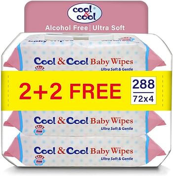 Cool & Cool Baby Wipes 72’s 2+2 Free Pack of 4 - Alcohol Free, Paraben Free, Vitamin E, Aloe Vera, Ultra Soft & Gentle for Sensitive & Delicate Skin - 288 Wipes